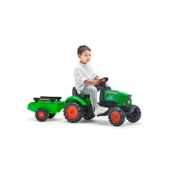 Tractor Falk pentru copii, cu pedale si remorca, verde