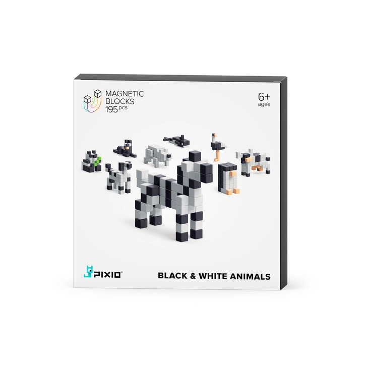 Set joc constructii magnetice PIXIO Black & White Animals, 195 piese, aplicatie gratuita iOS sau Android