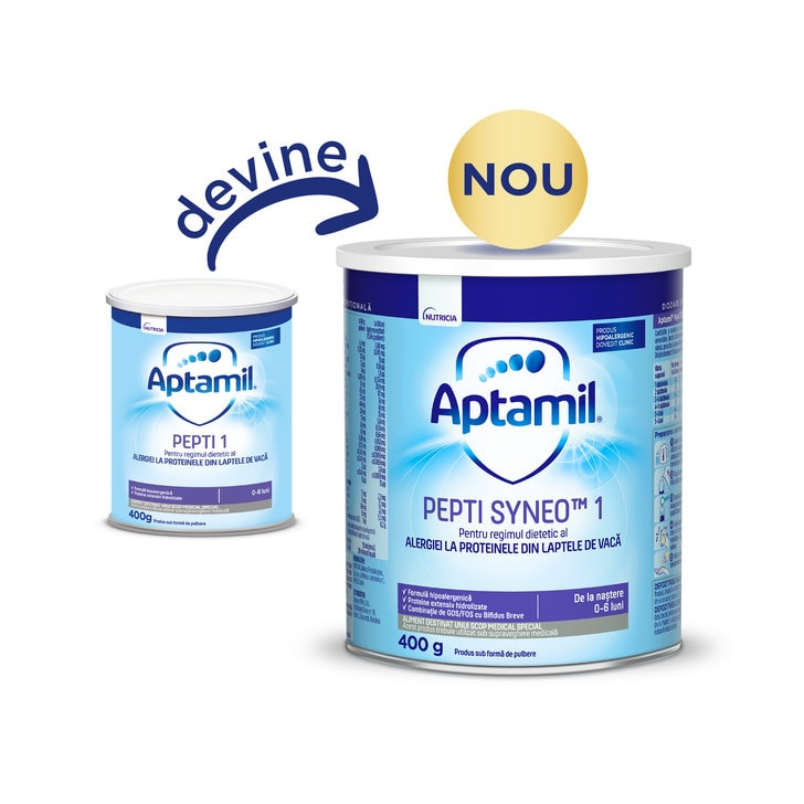 Lapte praf Nutricia pentru alergii si intolerante usoare, Aptamil Pepti SYNEO, 400g, 0-6 luni