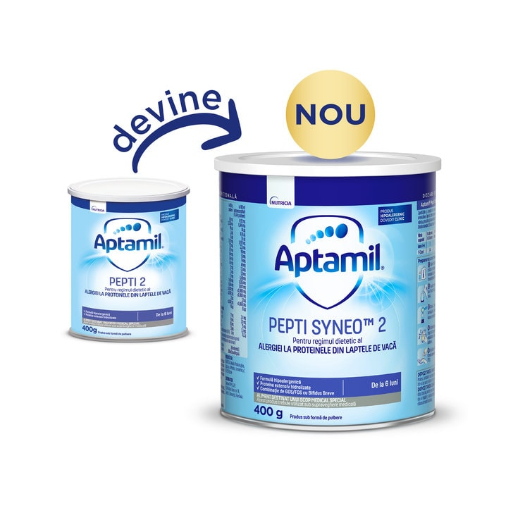 Lapte praf Nutricia pentru alergii si intolerante usoare, Aptamil Pepti 2 DHA, 400g, 6luni+