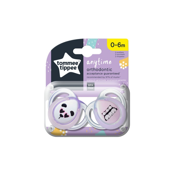 Suzeta ortodontica Tommee Tippee Anytime, 0-6 luni, Ursuleti Panda, Roz-Alb, 2 buc