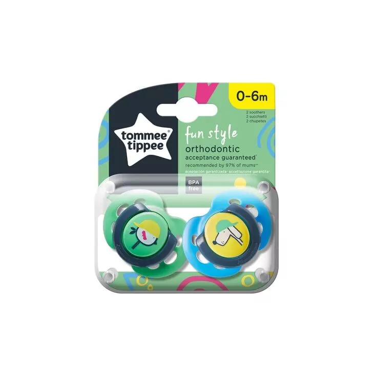 Suzeta ortodontica de zi Tommee Tippee Fun, 0-6 luni, Pasare si Caine, 2 buc