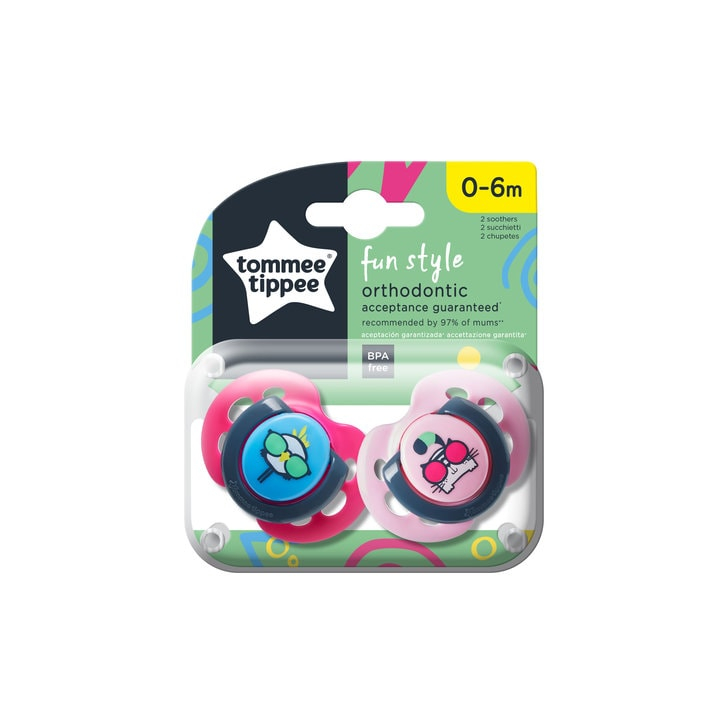 Suzeta ortodontica de zi Tommee Tippee Fun, 0-6 luni, Pui si Pisica, 2 buc