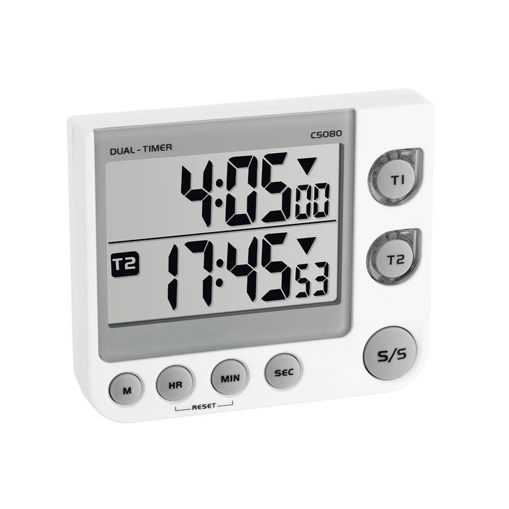 Timer si cronometru digital dual, 100 ore, LED de avertizare, memorie, volum reglabil, alb, TFA 38.2025