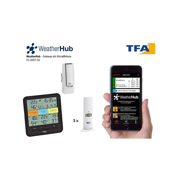 Sistem meteo SmartHome cu termo-higrometru si 3 senzori wireless, comunicare cu smartphone WEATHERHUB, TFA 31.4007.02