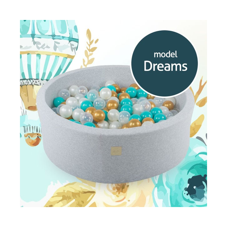 Piscina uscata cu 250 de bile (Alb perlat, Transparent, Auriu, Turcoaz) MeowBaby , Dreams, 90x30 cm, Gri deschis
