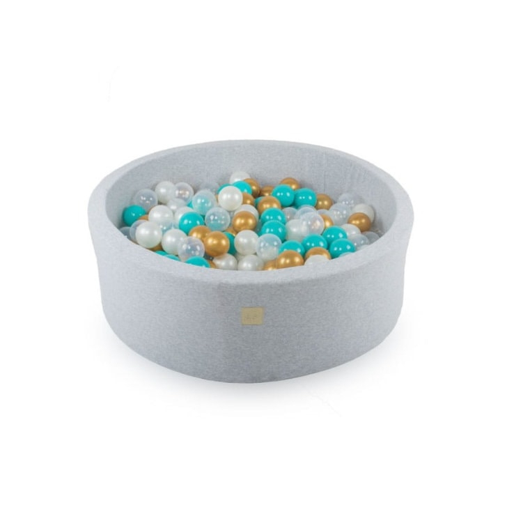 Piscina uscata cu 250 de bile (Alb perlat, Transparent, Auriu, Turcoaz) MeowBaby , Dreams, 90x30 cm, Gri deschis