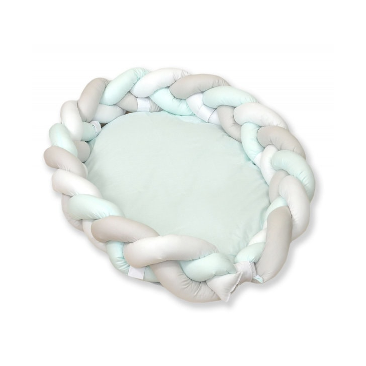 AMY - Baby Nest si Bumper impletit, detasabile, 80 x 50 cm Alb Gri Mint