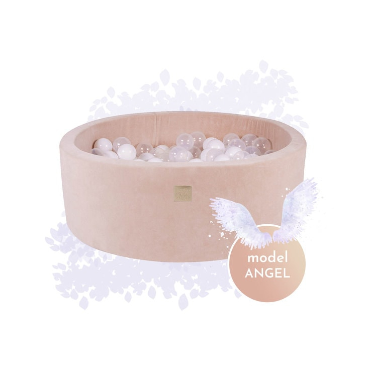 Piscina uscata cu 250 de bile (Alb, Transparent, Alb perlat) MeowBaby , Angel, 90x30 cm, Catifea Ecru