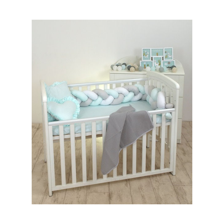 Aparatoare laterala pat Bumper impletit, Cu inchidere velcro, Bumbac, Alb - Gri - Mint, 180X21 cm