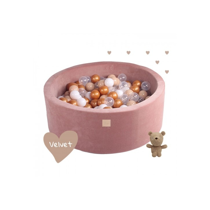 Piscina uscata cu 250 de bile (Auriu, Alb, Transparent, Bej ) MeowBaby , Teddy Bear, 90x40 cm, Catifea Bej
