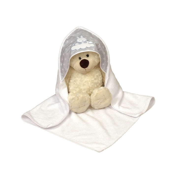 Prosop de baie pentru bebelusi din bumbac, cu gluga, Sky Bunny Gri, 75 x 75 cm