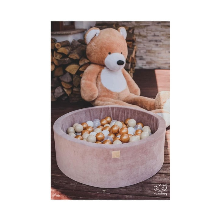 Piscina uscata cu 250 de bile (Auriu, Alb, Transparent, Bej ) MeowBaby , Teddy Bear, 90x40 cm, Catifea Bej