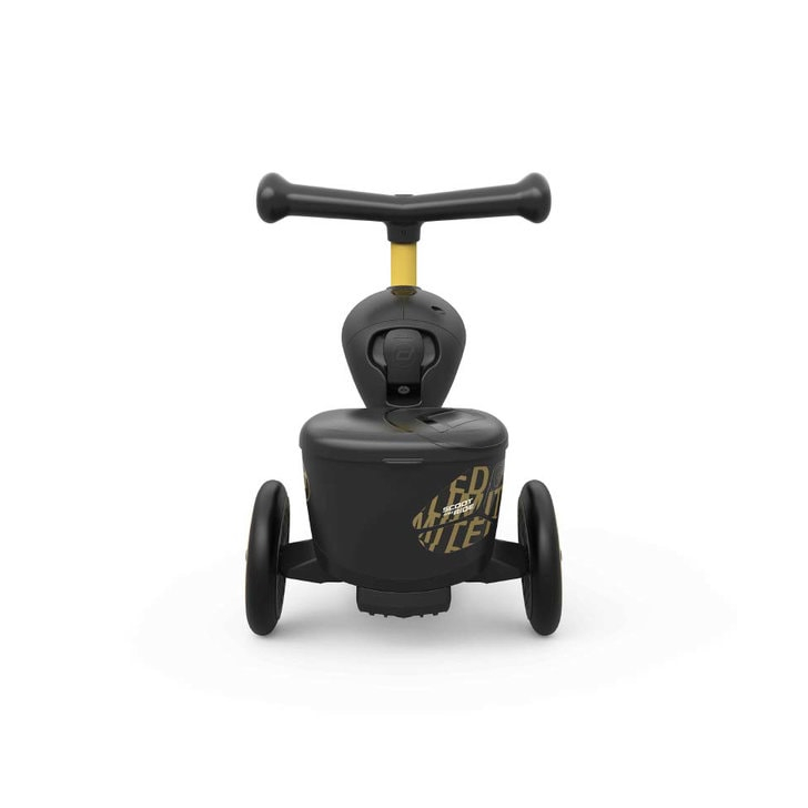 Pachet: Trotineta copii cu sezut, suport jucarie, transformabila 2in1, HighwayKick 1 Lifestyle Black Gold Limited, 1-5 ani, pana la 50 kg, Scoot Ride si casca XXS, 45-51 cm, 1 an+