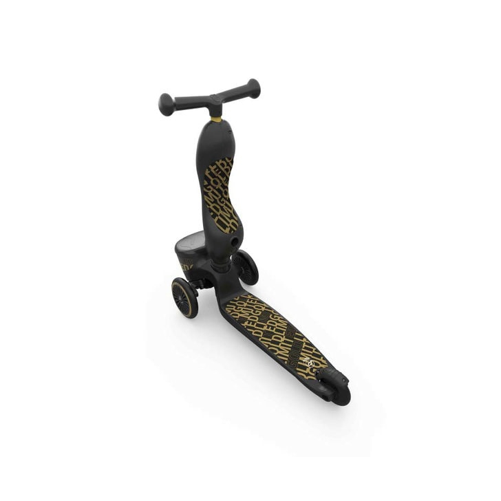 Pachet: Trotineta copii cu sezut, suport jucarie, transformabila 2in1, HighwayKick 1 Lifestyle Black Gold Limited, 1-5 ani, pana la 50 kg, Scoot Ride si casca XXS, 45-51 cm, 1 an+