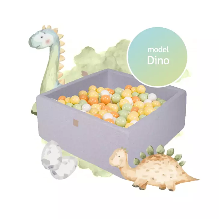 Piscina uscata cu 300 de bile (alb, portocaliu, verde deschis si galben pastel) MeowBaby , Dino, 90x90x40 cm, Gri