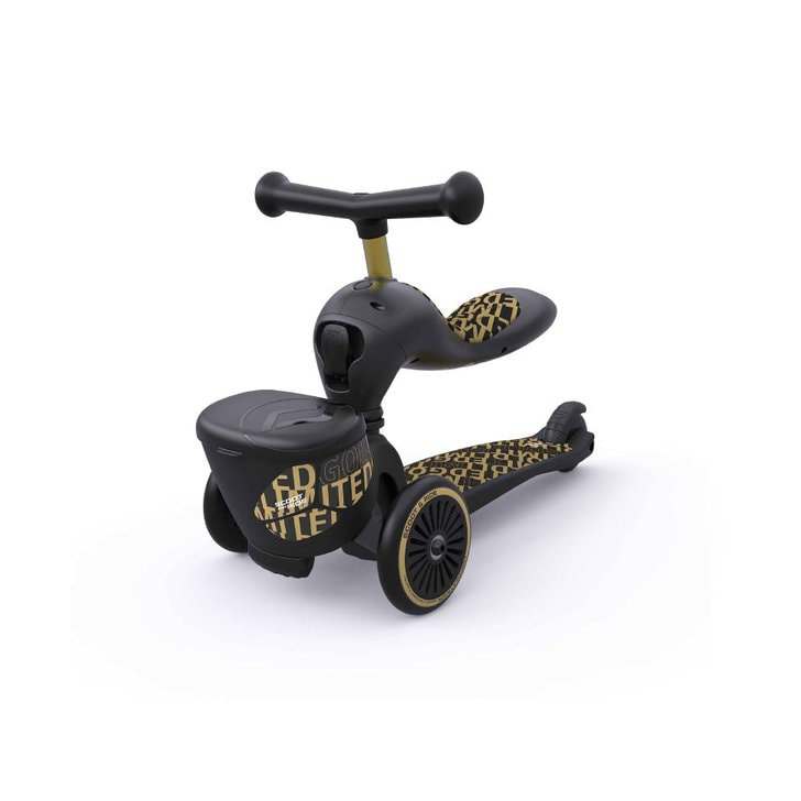 Trotineta copii cu sezut, suport jucarie, transformabila 2in1, HighwayKick 1 Lifestyle Black Gold Limited, 1-5 ani, pana la 50 kg, Scoot Ride