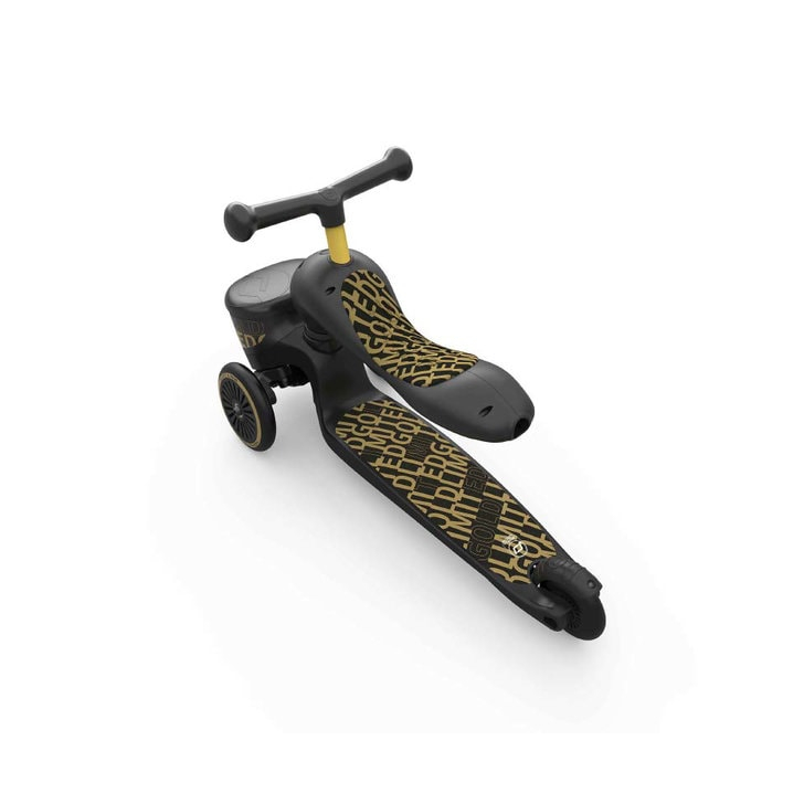 Trotineta copii cu sezut, suport jucarie, transformabila 2in1, HighwayKick 1 Lifestyle Black Gold Limited, 1-5 ani, pana la 50 kg, Scoot Ride