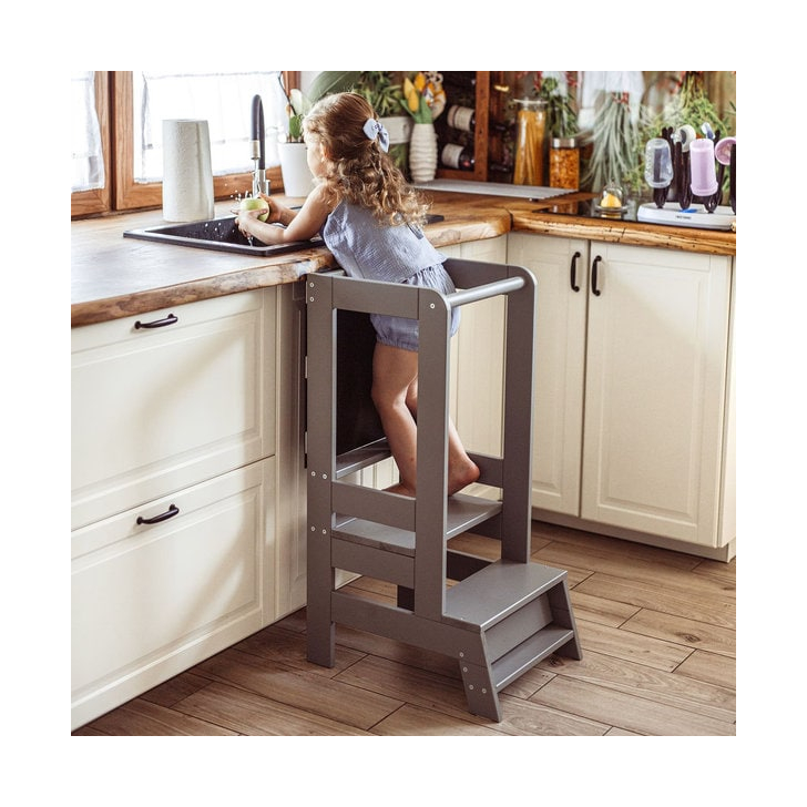 Inaltator Learning Tower Ajustabil cu tabla de scris, Ajutor de bucatarie MeowBaby , lemn Gri inchis