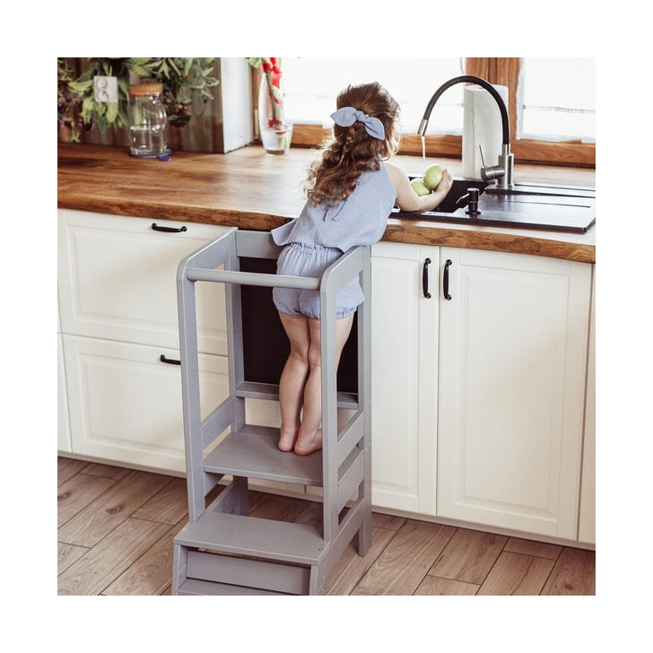 Inaltator Learning Tower Ajustabil cu tabla de scris, Ajutor de bucatarie MeowBaby , lemn Gri inchis