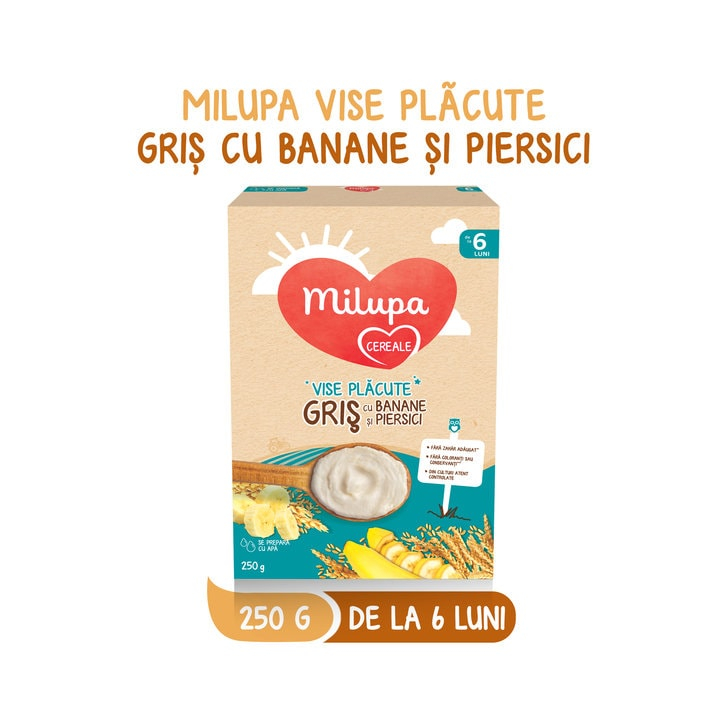 Cereale Milupa Milumil cu lapte Vise Placute Gris cu Banane, 250g, 6luni+