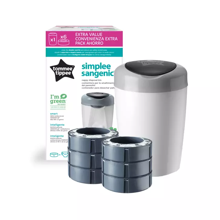 Pachet Cos pentru scutece + 6 Rezerve Tommee Tippee Sangenic Simplee Reciclabil, Alb / Gri