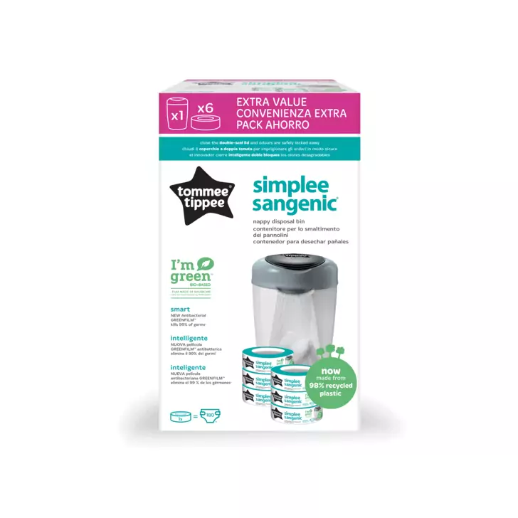 Pachet Cos pentru scutece + 6 Rezerve Tommee Tippee Sangenic Simplee Reciclabil, Alb / Gri