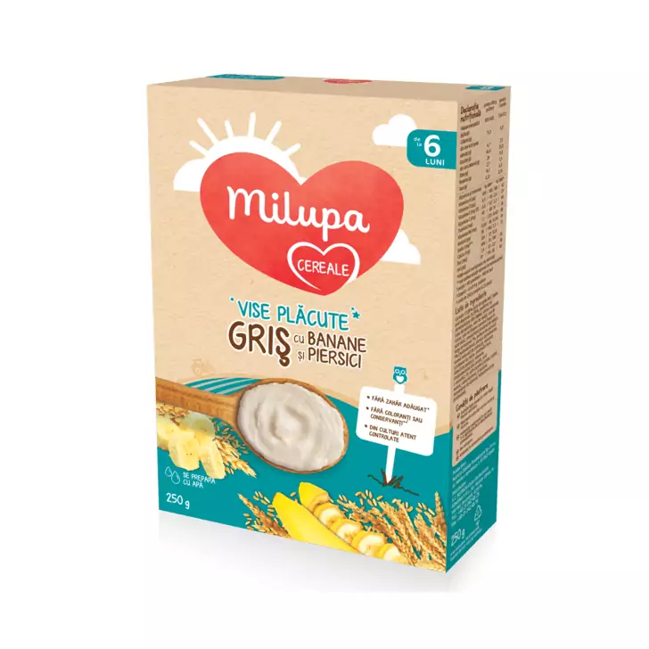 Cereale Milupa Milumil cu lapte Vise Placute Gris cu Banane, 250g, 6luni+