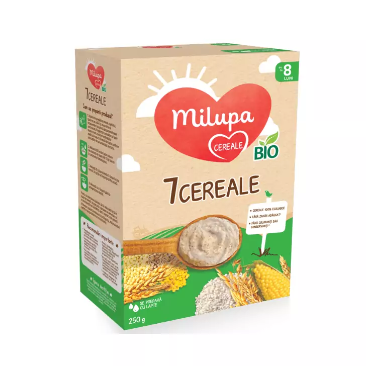 Cereale Milupa 7 Cereale BIO , 250 g, de la 8 luni