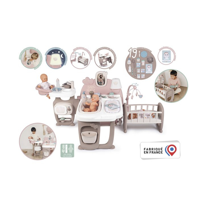 Centru de ingrijire pentru papusi Smoby Baby Nurse Doll`s Play Center maro cu 23 accesorii