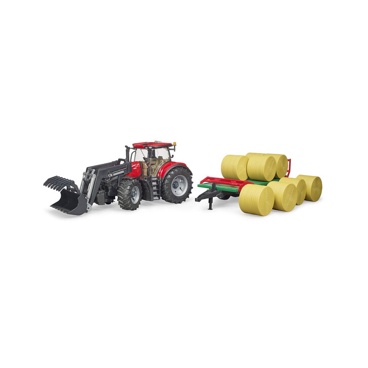 BRUDER - TRACTOR CASE IH OPTUM 300 CVX CU INCARCATOR FRONTAL SI REMORCA TRANSPORT CU 8 BALOTI