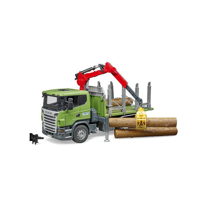 BRUDER - CAMION FORESTIER SCANIA R-SERIES CU MACARA DE INCARCARE, GRAIFER SI 3 BUSTENI