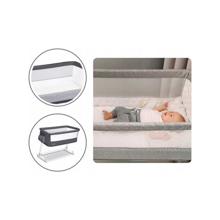 Lionelo - Patut co-sleeper Theo 2 in 1, Cu setare unghiulara, Reglabil in 5 pozitii pe inaltime, Dark Grey