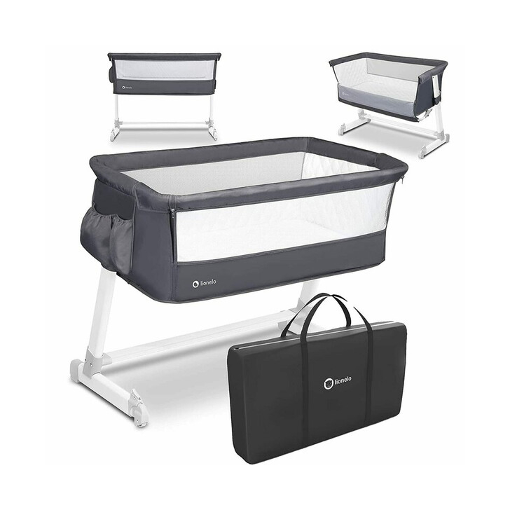 Lionelo - Patut co-sleeper Theo 2 in 1, Cu setare unghiulara, Reglabil in 5 pozitii pe inaltime, Dark Grey