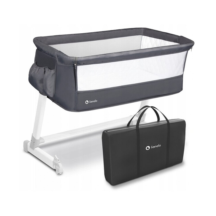 Lionelo - Patut co-sleeper Theo 2 in 1, Cu setare unghiulara, Reglabil in 5 pozitii pe inaltime, Dark Grey