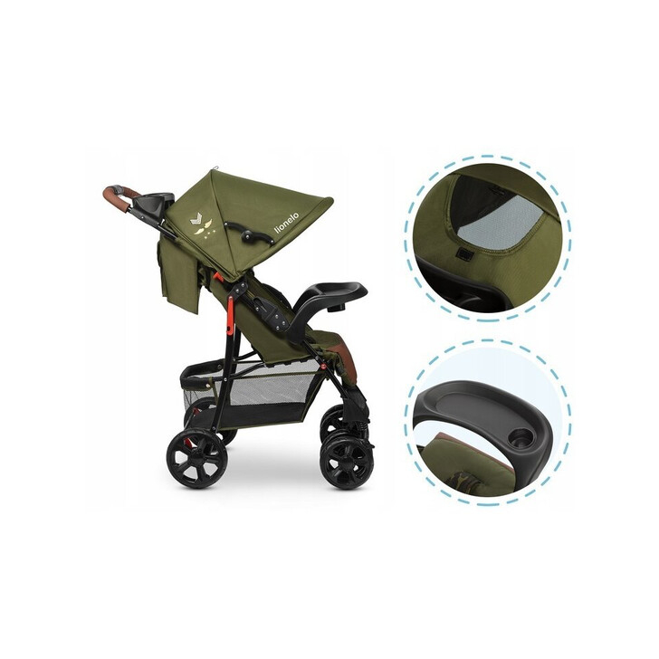 Lionelo - Carucior sport Emma Plus, Cu tavita, 2 Suporturi pentru pahar, Geanta accesorii, Forest Green