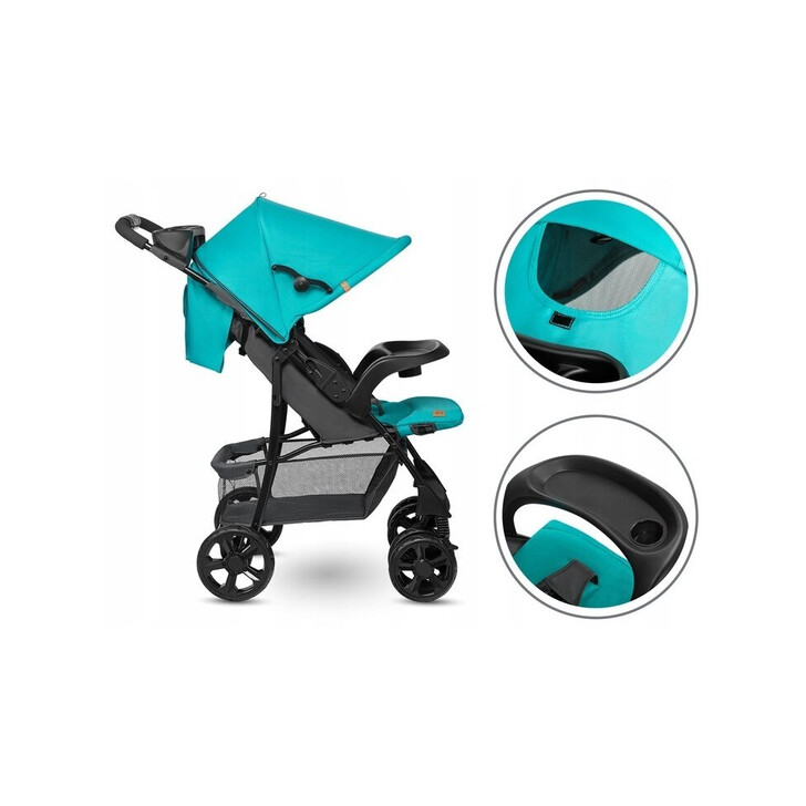 Lionelo - Carucior sport Emma Plus, Cu tavita, 2 Suporturi pentru pahar, Geanta accesorii, Vivid Turquoise