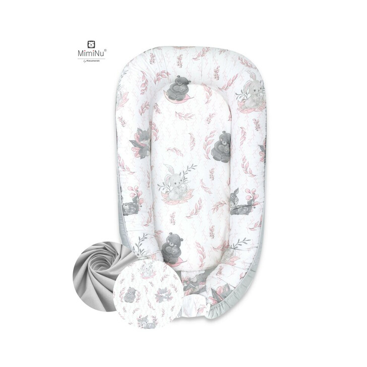 MimiNu - Cosulet bebelus pentru dormit cu doua fete, Baby Nest 105x66 cm, Husa 100% bumbac, Cu salteluta din burete, Detasabila, Lulu Rose/Grey