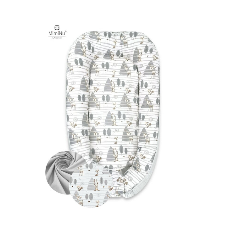 MimiNu - Cosulet bebelus pentru dormit cu doua fete, Baby Nest 105x66 cm, Husa 100% bumbac, Cu salteluta din burete, Detasabila, Forest/Grey