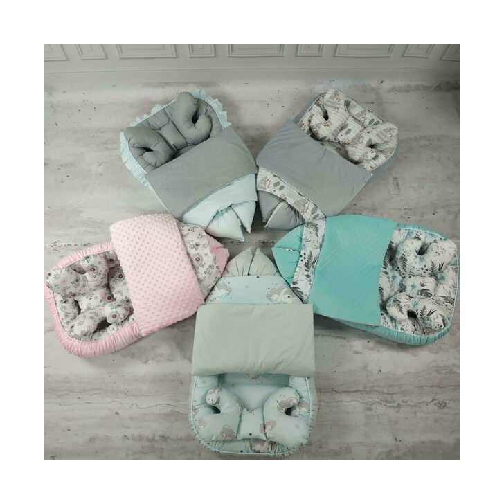 MimiNu - Set 4 in 1 Cosulet bebelus Baby Cocoon 75x55 cm, Husa 100% bumbac, Cu paturica cu doua fete 50x70 cm, Cu salteluta 60x32 cm, Cu perna fluture cu doua fete 40x27 cm, Forest friends Grey/Mint