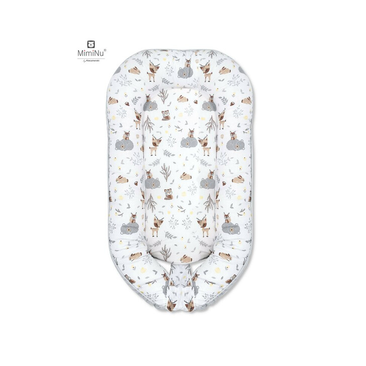 MimiNu - Cosulet bebelus pentru dormit cu doua fete, Baby Nest 105x66 cm, Husa 100% bumbac si catifea moale, Cu salteluta din burete, Detasabila, Velvet Forest Friends Grey/Beige