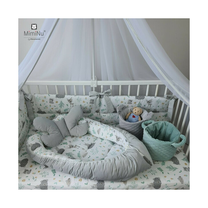 MimiNu - Set 4 in 1 Cosulet bebelus Baby Cocoon 75x55 cm, Husa 100% bumbac, Cu paturica cu doua fete 50x70 cm, Cu salteluta 60x32 cm, Cu perna fluture cu doua fete 40x27 cm, Forest friends Grey/Mint