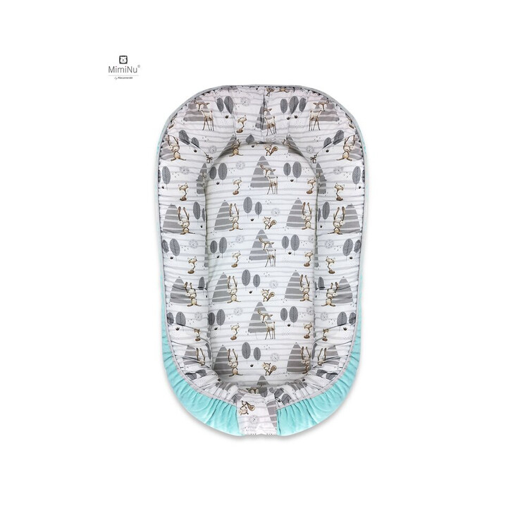 MimiNu - Cosulet bebelus pentru dormit cu doua fete, Baby Nest 105x66 cm, Husa 100% bumbac si catifea moale, Cu salteluta din burete, Detasabila, Velvet Forest/Mint