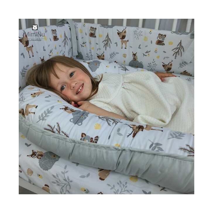 MimiNu - Cosulet bebelus pentru dormit cu doua fete, Baby Nest 105x66 cm, Husa 100% bumbac, Cu salteluta din burete, Detasabila, Forest/Grey