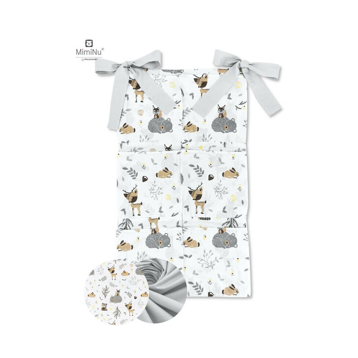 MimiNu - Organizator pentru patut, Din bumbac, Cu 6 compartimente, Cu doua panglici, 70x40 cm, Forest friends Grey/Beige