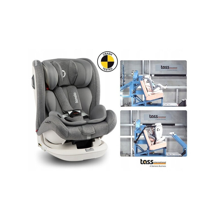 Lionelo - Scaun auto Bastiaan RWF Pozitie de somn, Protectie laterala, Rotire 360 grade, 0-36 Kg, Cu Isofix si Centura Top Tether, Gri