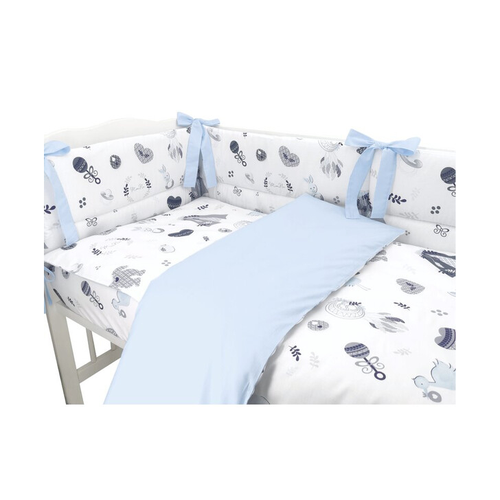 MimiNu - Lenjerie patut 3 piese, Cu protectie laterala, Baby Shower Blue, Din bumbac, Pentru patut 120x60 cm