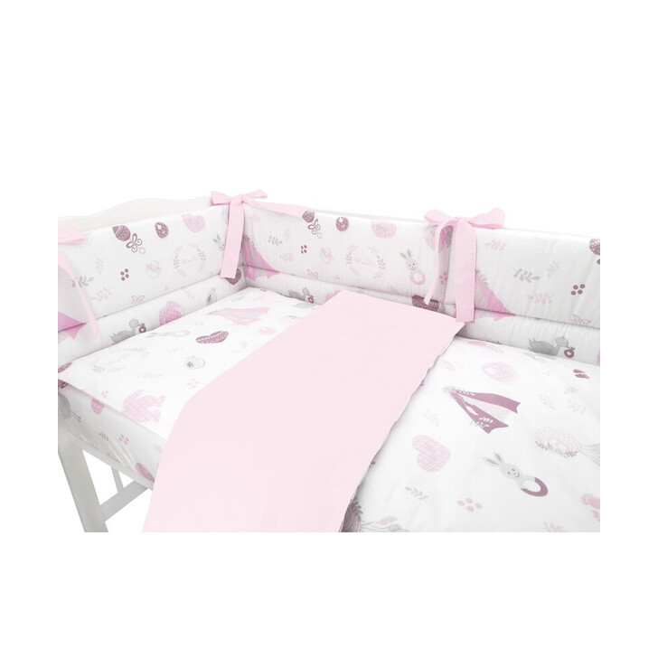 MimiNu - Lenjerie patut 3 piese, Cu protectie laterala, Baby Shower Pink, Din bumbac, Pentru patut 120x60 cm