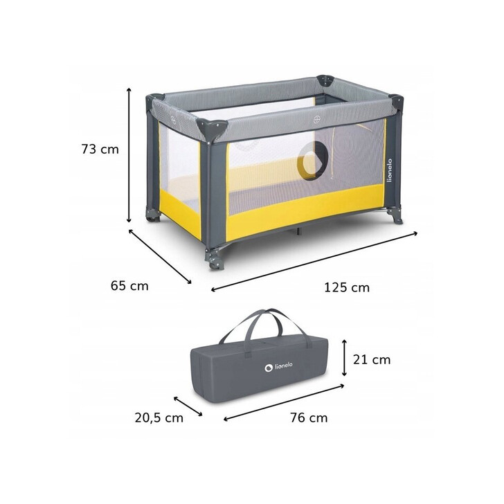 Lionelo - Patut pliant cu un nivel Stefi, Cu intrare laterala cu fermoar, 2 roti, 120x60 cm, Yellow Lemon