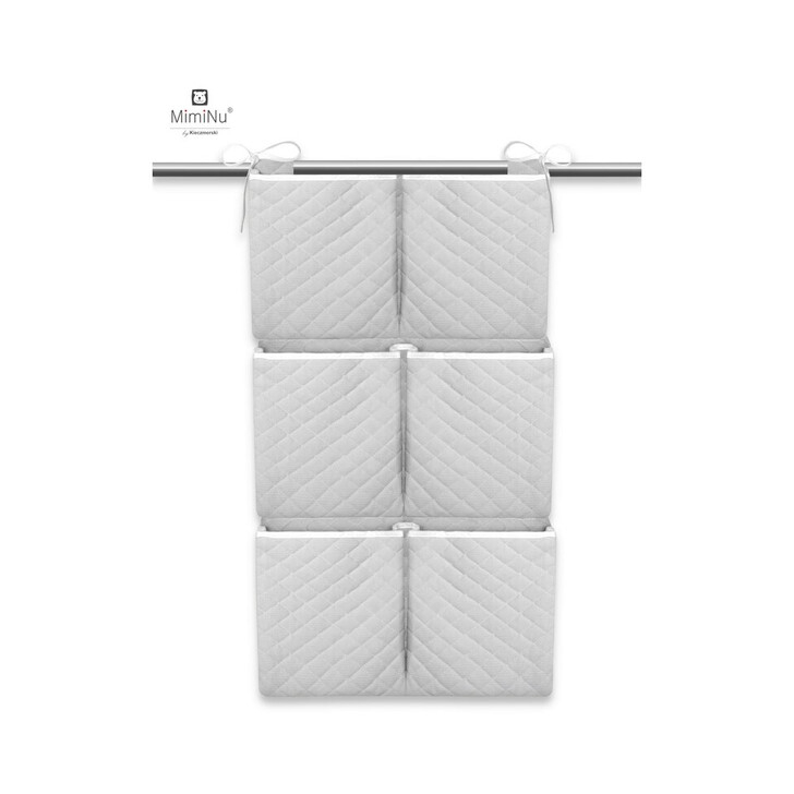 MimiNu - Organizator matlasat din catifea moala, Pentru patut, Cu 6 compartimente, Cu doua panglici, Gray